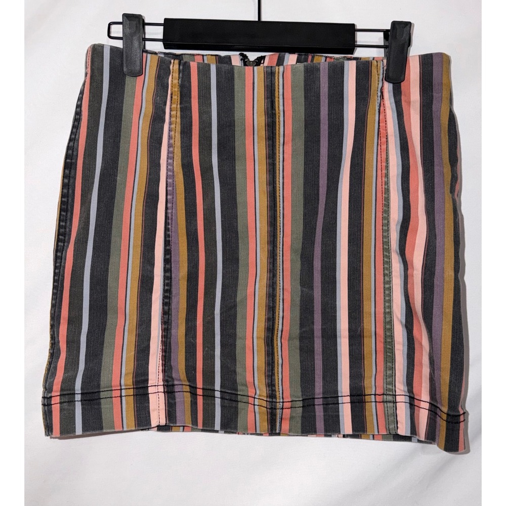 Multi Color Vertical‎ Striped Denim Mini Skirt High Waist Back Zip Retro Style